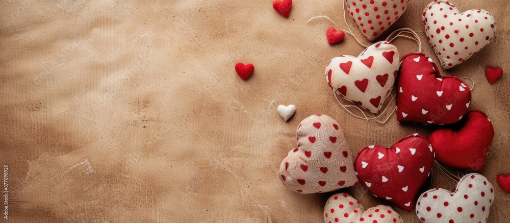 Aufkleber top view of handmade hearts on a brown background in a valentine's day greeting card with ample copy