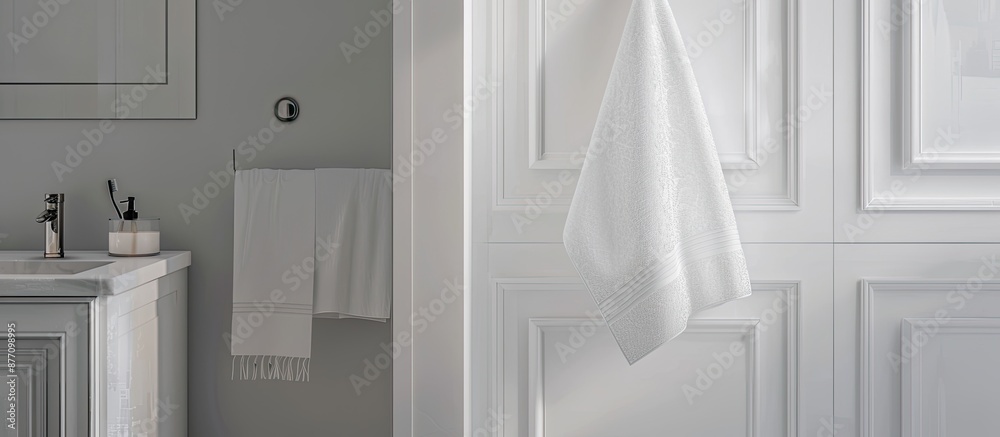 Poster a white towel hangs on the bathroom door with a blank area available for displaying an image.