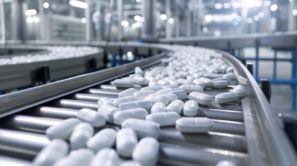 Obraz premium White capsules on conveyor in pharmaceutical facility for quality control and batch consistency