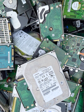 Stevenage, UK - Tuesday 26th March 2024: Scrap computer hardrives that come under the weee directive for recycling