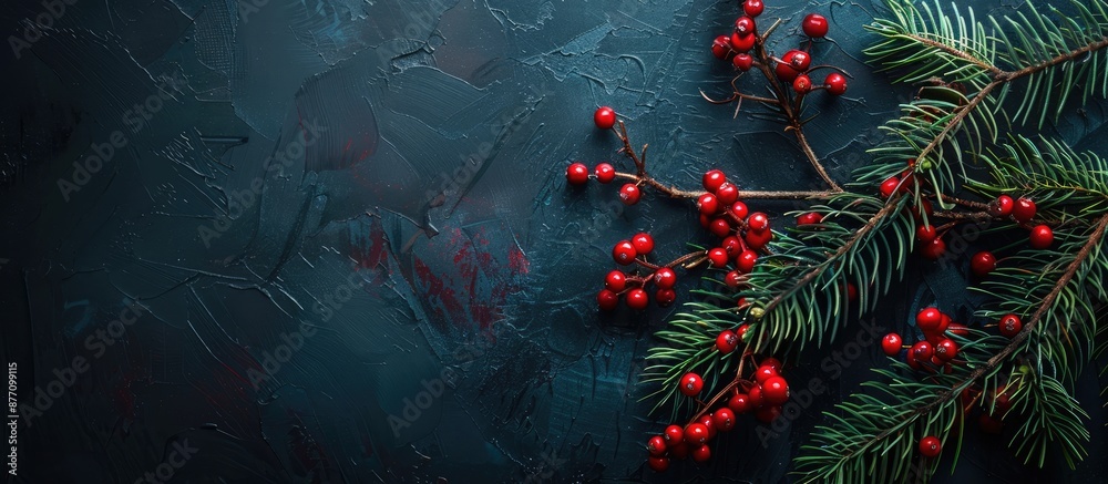Aufkleber dark background enhances christmas fir twig with red berries. copy space image.