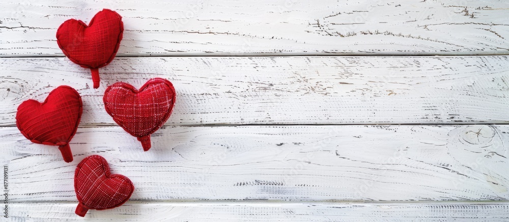 Wall mural Valentine's card with red fabric hearts on white wooden backdrop for your message. Top view with copy space image.