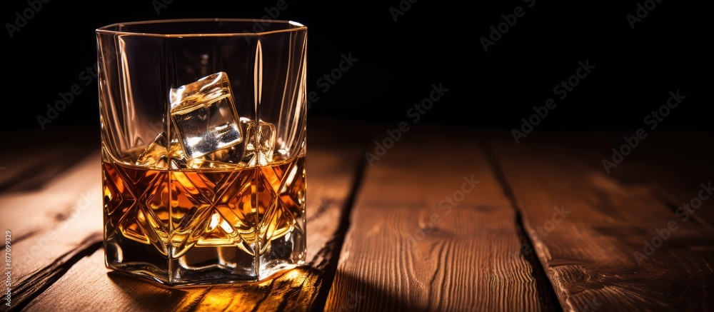 Poster A luxurious glass of whiskey with ice sits elegantly on a wooden table against a backdrop of empty space for text or other images.