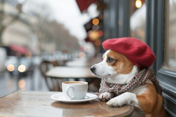 January: charm of Parisian cafes of corgi dog dressed in chic beret and scarf, with cup of coffee at cafe, classic Parisian street, dogs like humans, romantic card for dogs calendar