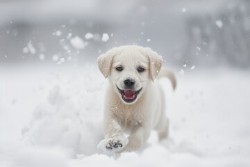 January: adopted golden retriever puppy playing in snow, winter season dog calendar