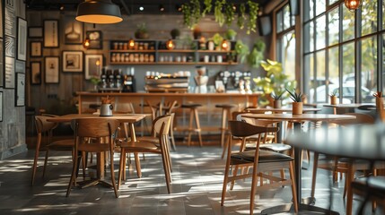 Fototapeta premium The modern aesthetic of an empty cafe interior with stylish furniture and a welcoming atmosphere, ready to greet customers