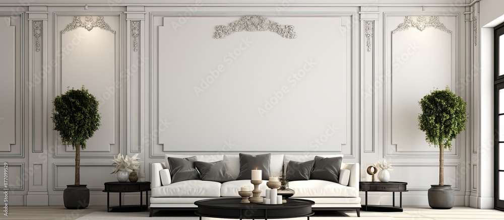 Poster White stucco wall with defined contours complemented by a paneled ceiling in shades of gray and black, providing an elegant setting with copy space image.