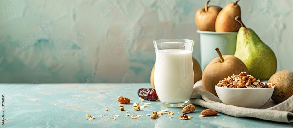 Poster a mixture of muesli, dates, and fresh pears, complemented by a glass of milk, creates a harmonious b
