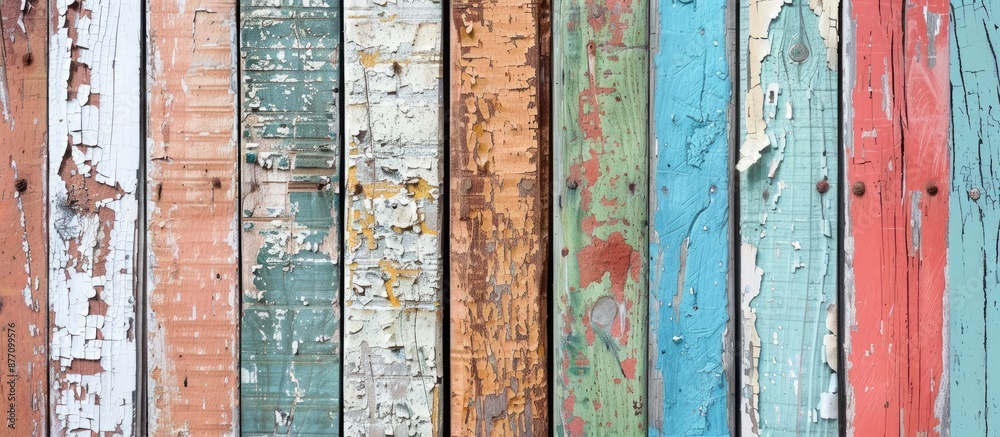 Poster Vintage vertical wooden boards with peeling paint, creating a rustic backdrop for a copy space image.