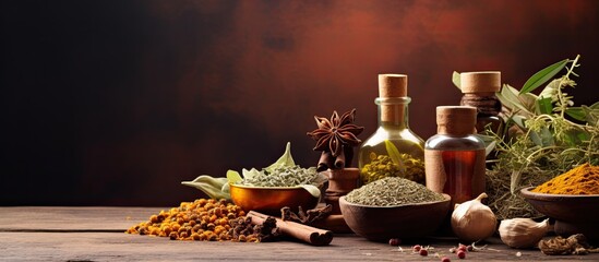 Fototapeta premium Ayurvedic medicine theme displayed in a close-up copy space image.