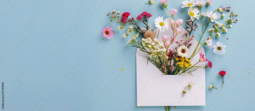 Poster top view of an envelope adorned with flowers, ideal for writing a heartfelt message on international