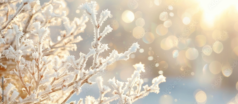 Leinwandbilder snow-white branches of an apple tree with hoarfrost, set against a sunny winter background, creating