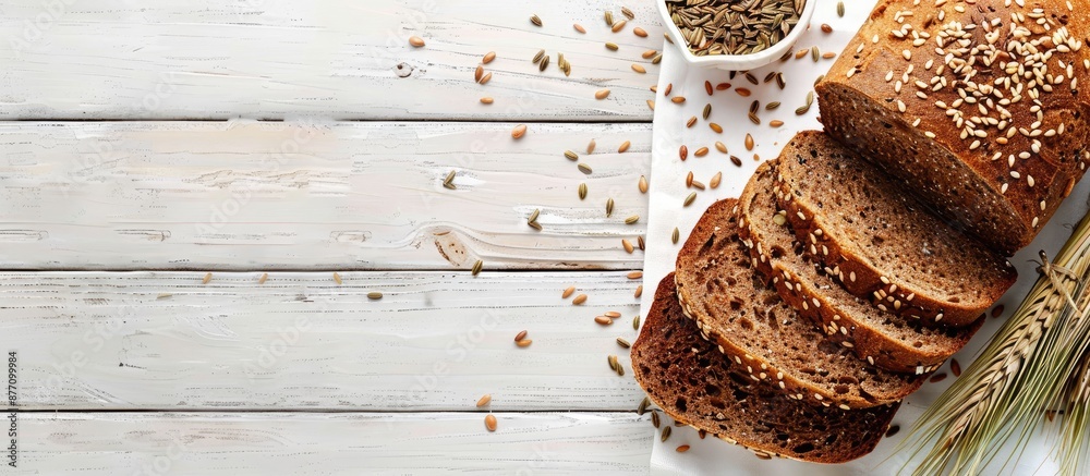 Poster rye bread with linseed on a white wooden table, providing an appealing backdrop for a copy space ima