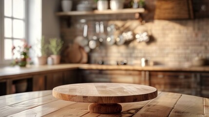 A wooden round board rests on a rustic kitchen countertop, with shelves, pots, and a sunny window in the background, creating a cozy and homely kitchen atmosphere.