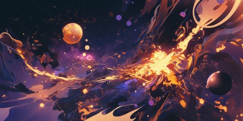 Cosmic Abstract Art with Planets and Swirling Forms