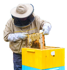 Pszczelarz w stroju ochronnym przy ulu z plastrem miodu i pszczołami. Przezroczyste tło. © YOUR SHOT