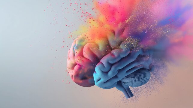 Creativity burst of colorful ideas as brainstorming from digital brain explosion on neutral studio background with copyspace
