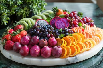Fototapeta premium A gourmet platter of fresh fruit, including exotic varieties like dragon fruit, passion fruit, and starfruit, artfully arranged. 