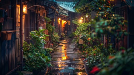 Fototapeta premium A narrow Japanese street, adorned with lush plants and warmly lit lanterns, reflecting on wet pavement, creating a serene and enchanting night-time ambiance.