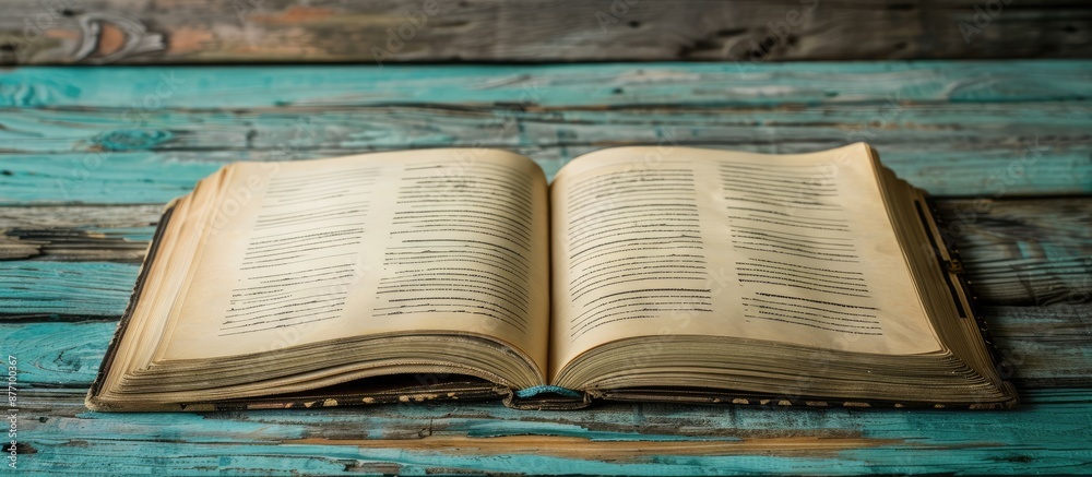 Poster notebook opened on a wooden table with copy space image.