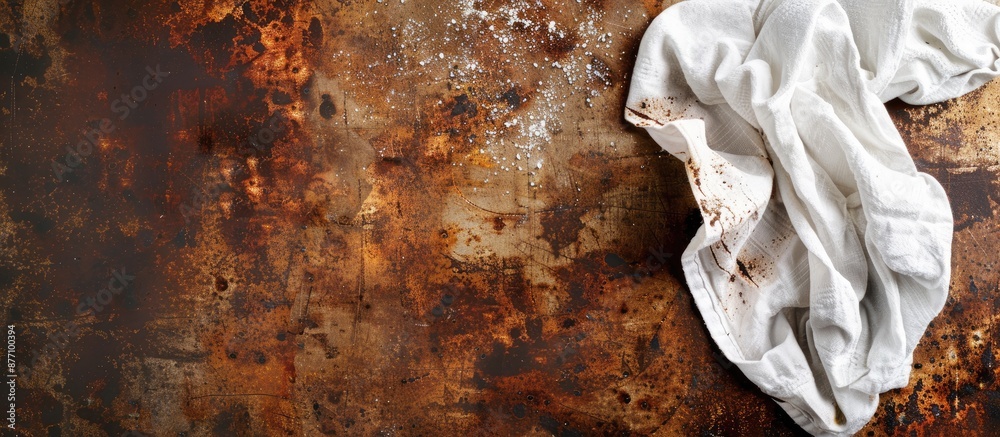 Aufkleber Top view of a kitchen table with a rusty surface and a white towel, ideal for a copy space image.