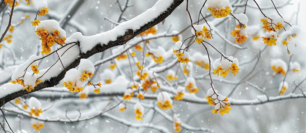 Aufkleber Snow-covered tree branches with striking yellow flowers create a stunning winter scene with a captivating copy space image.