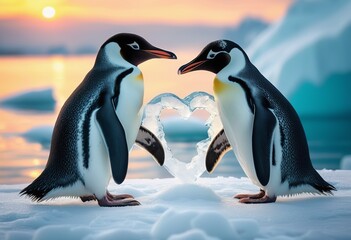 Obraz premium Penguins in Love Cuddle Amidst Winter Wonderland 
