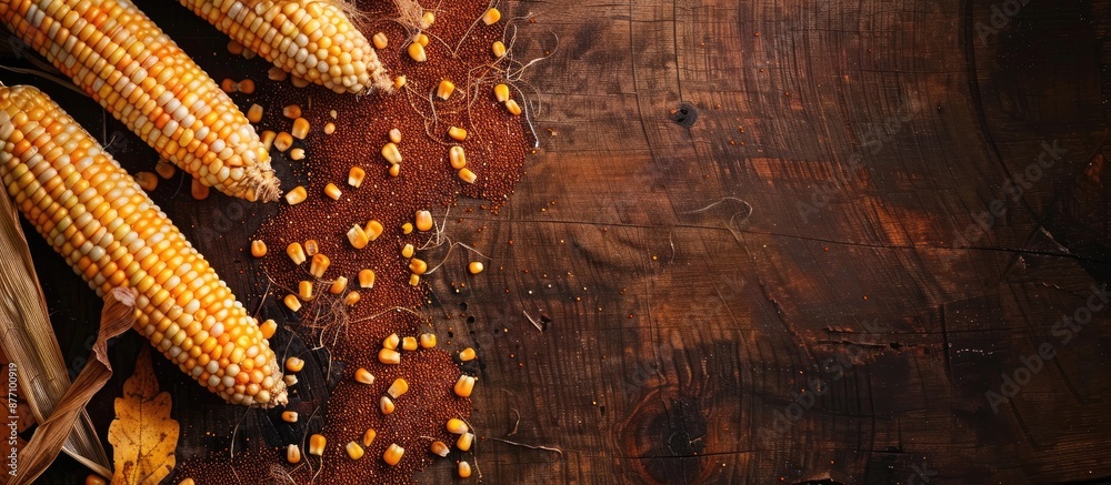 Poster Fresh uncooked maize cobs display on a dark wooden table, with a focus on the grains of ripe corn, creating a top view background shot with ample copy space image.
