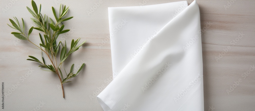 Poster flat lay with folded white kitchen napkin on a table, isolated background for mockups featuring copy