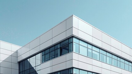 A sleek, modern factory building with clean lines and a simple color palette against a clear sky