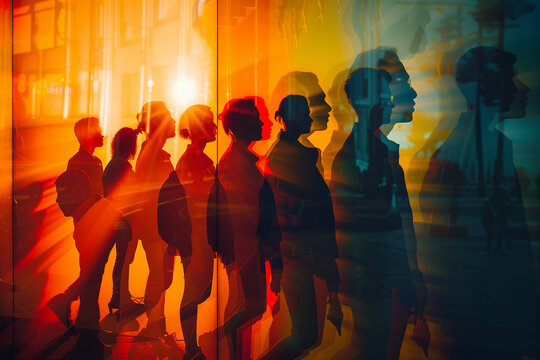 a group of people experiencing different stages of life depicted through overlapping silhouettes in vibrant colors and urban setting