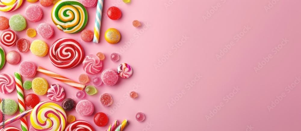 Poster Top view image of colorful candies and lollipops on a pink background with ample copy space.