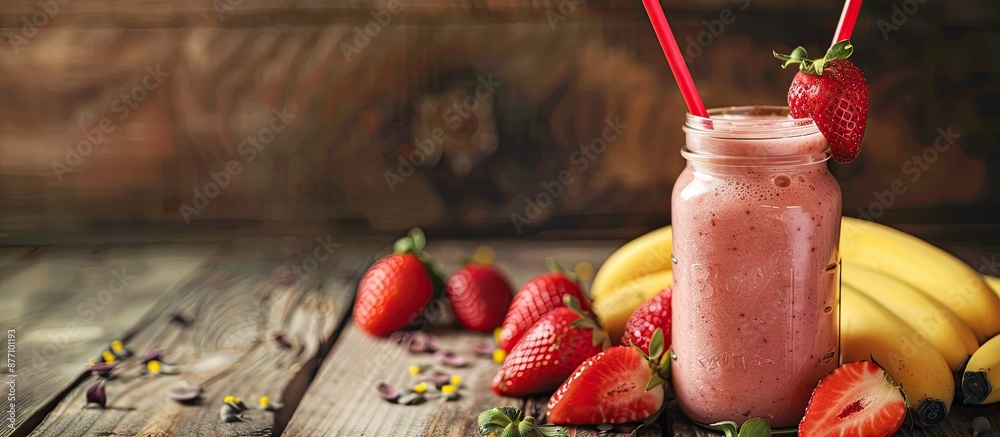 Poster copy space image of a tasty homemade smoothie with strawberries and bananas in a jar on a wooden bac
