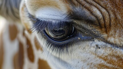  A tight shot of a giraffe's eye, showcasing its intricate brown iris and surrounding white striped pattern