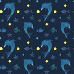 Silhouettes of a dolphin, fish, starfish and dots in blue, turquoise and yellow. Watercolor illustration, hand drawn in childish style. Seamless pattern on a blue dark background