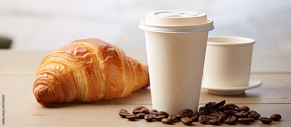 Aufkleber Takeout coffee served in a paper cup with a delicious beverage, croissant, and beans displayed on a white wooden table with a clear area for adding text or graphics.