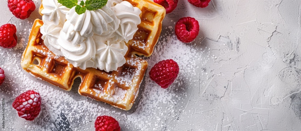 Poster Background of a sweet waffle with cream for text or design in a copy space image.