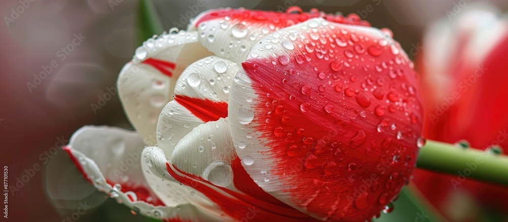 Poster macro photo of a red and white tulip with water droplets, ideal for postcards or templates with abun