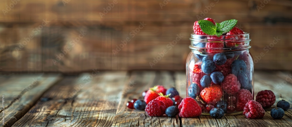 Poster a closeup shot of a glass jar filled with a fresh fruit and berry mix displayed on a wooden table wi