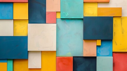 Bold, colorful blocks arranged in a minimalist grid pattern on a plain background