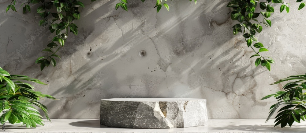 Poster Stone podium with copy space image for product presentation surrounded by empty showcase adorned with green leaves.