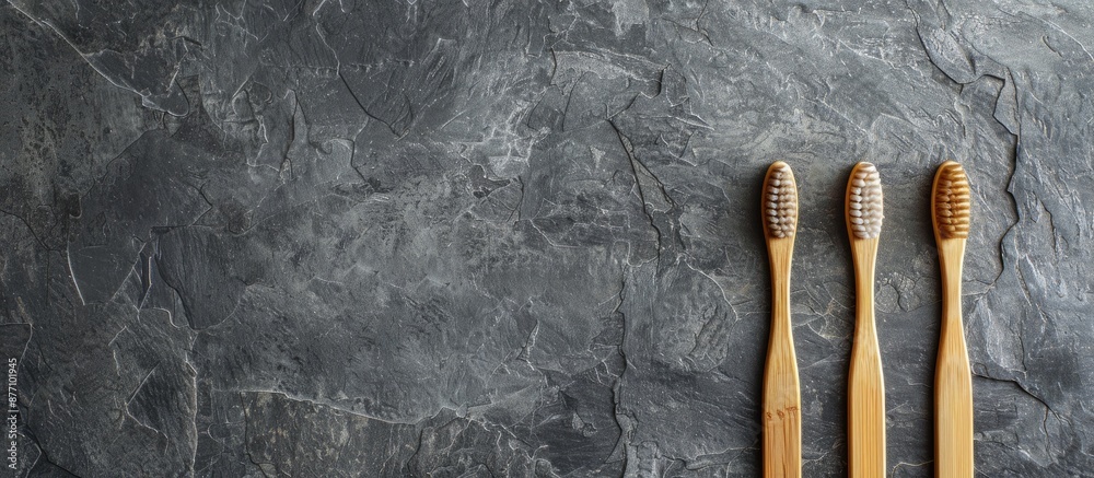Poster Bamboo toothbrushes arranged on a gray stone surface with space for text or images, creating a minimalist bath background.