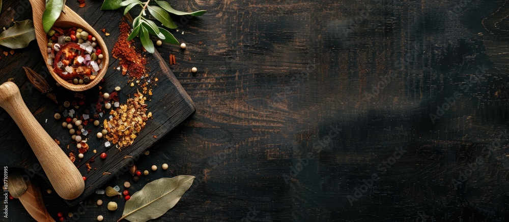 Poster neatly arranged marinated veggies and spices on a dark wooden backdrop with a laurel leaf, wooden sp