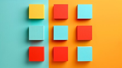 Bold, colorful blocks arranged in a minimalist grid pattern on a plain background
