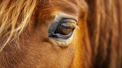  A tight shot of a horse's eye, backdrop hazy with the blurred form of its face