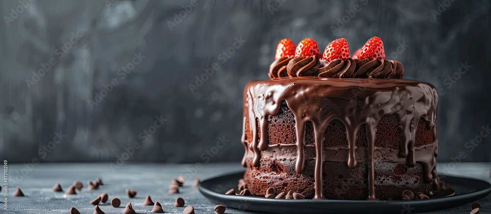 Poster Birthday cake adorned with chocolate swirl ganache and a strawberry on top, set on a table with ample copy space image.