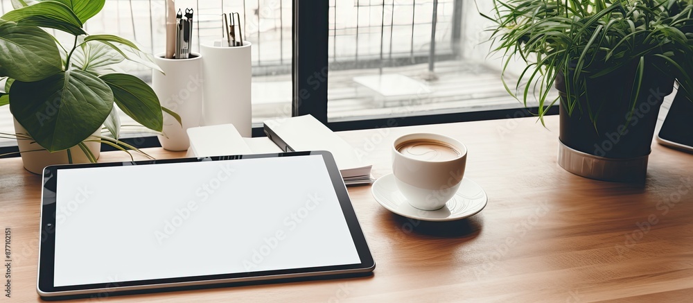 Aufkleber female freelancer working from home with a mock-up tablet and supplies on a grey table background, w