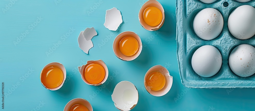 Poster top view of broken chicken egg next to whole eggs in a blue tray with copy space image.