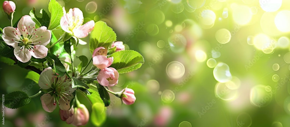 Poster apple blossoms in spring with a green background, perfect for a copy space image.