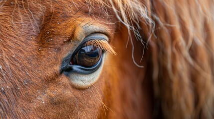  A tight shot of a brown horse's eye exhibiting a blurred periphery